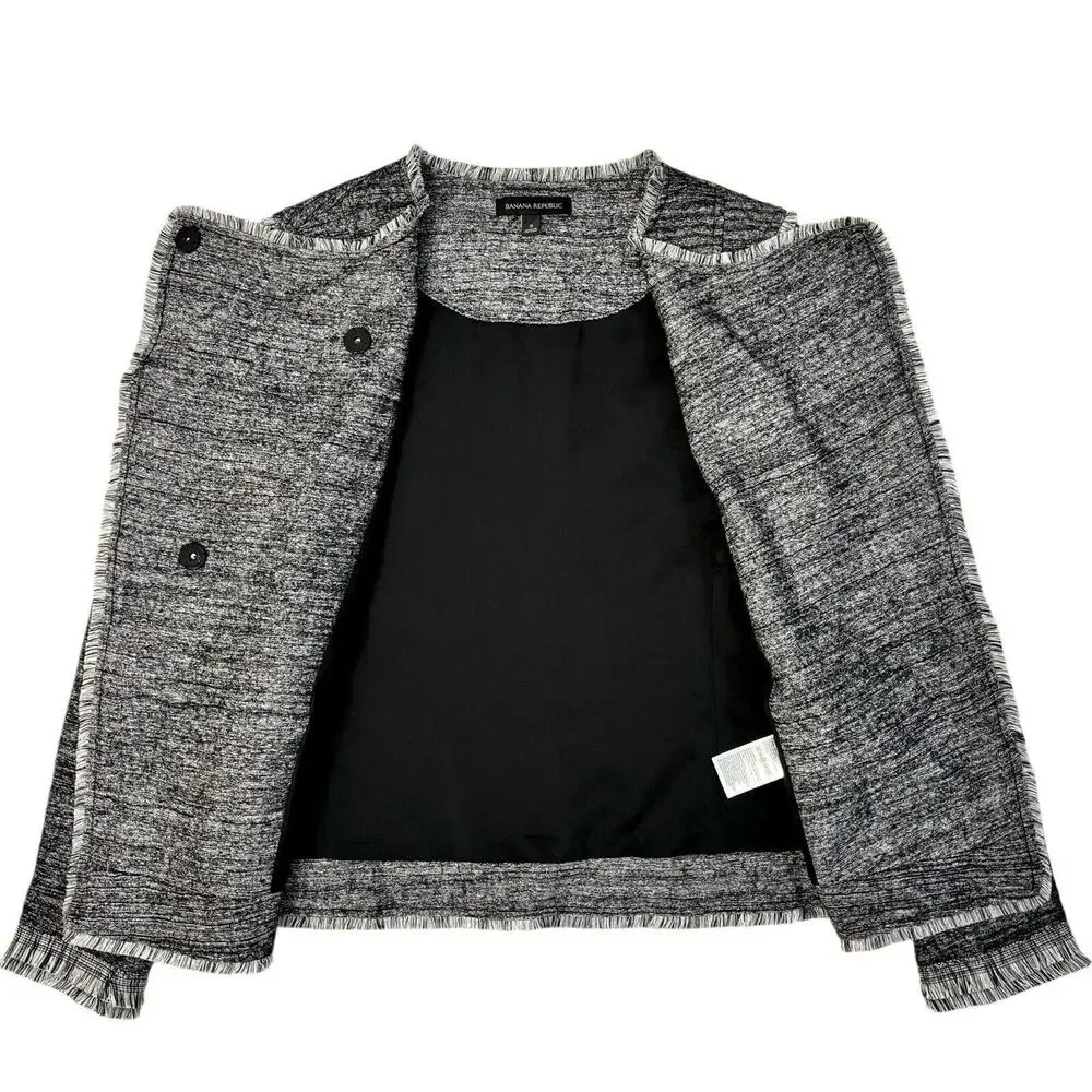 BANANA REPUBLIC Small Asymmetrical‎ Black Gray Tweed Jacket Fringe Career Casual